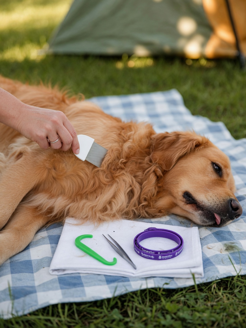 Veterinarian examining dog's coat with tick removal tools during outdoor camping care