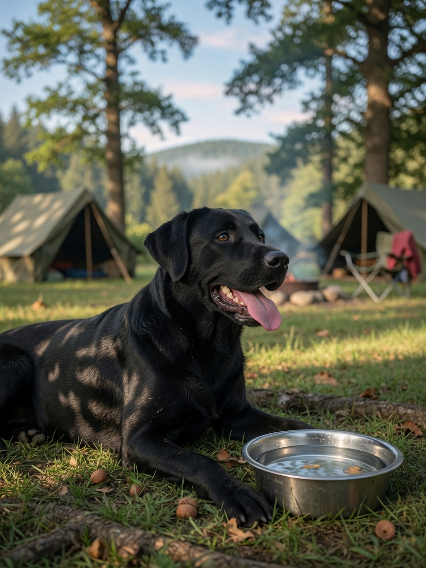 Dog resting safely in shade with fresh water during warm summer camping conditions