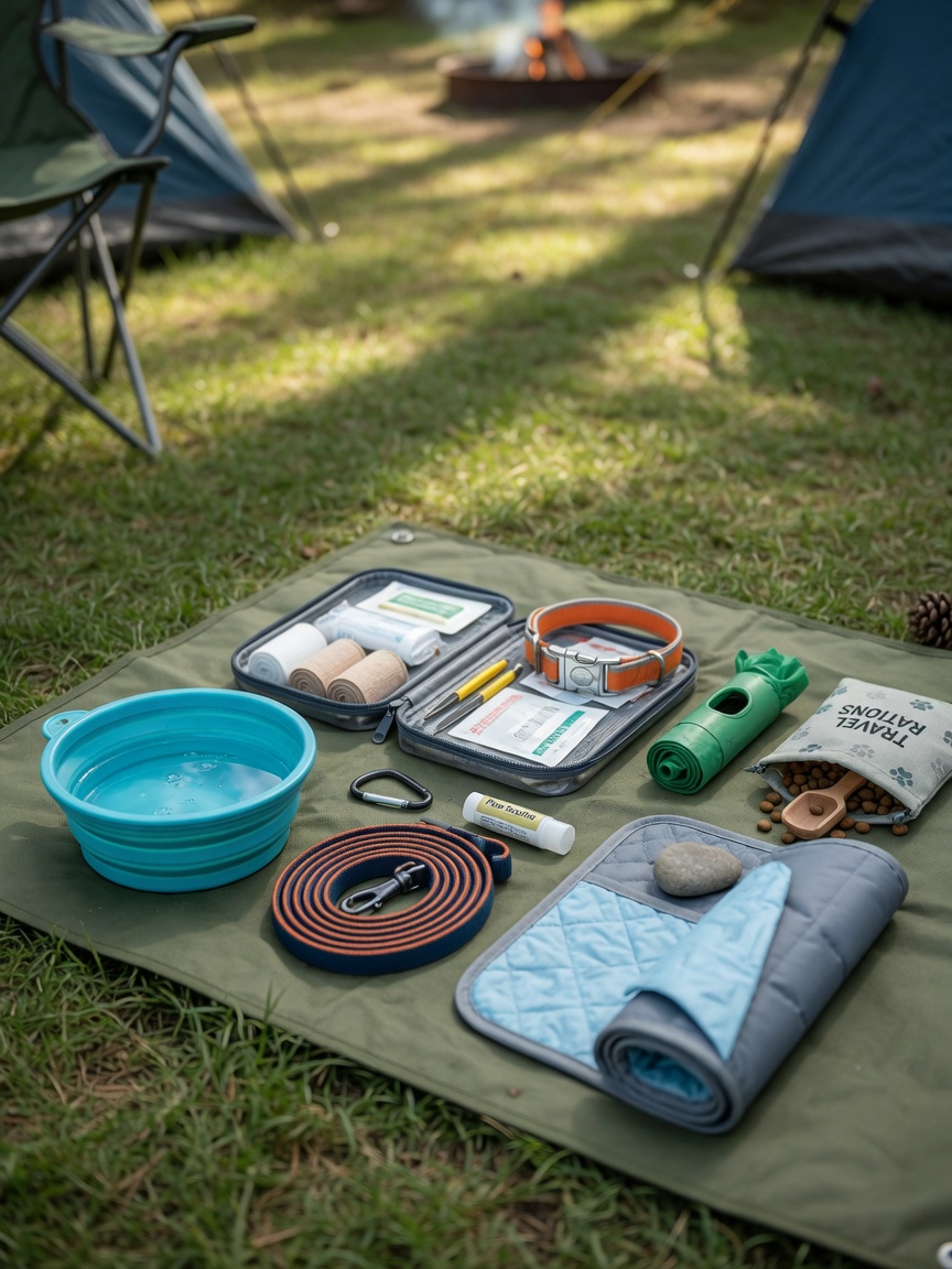 Organized camping kit for dogs including water bowl, lead, first aid supplies, and cooling mat laid out on grass at a campsite