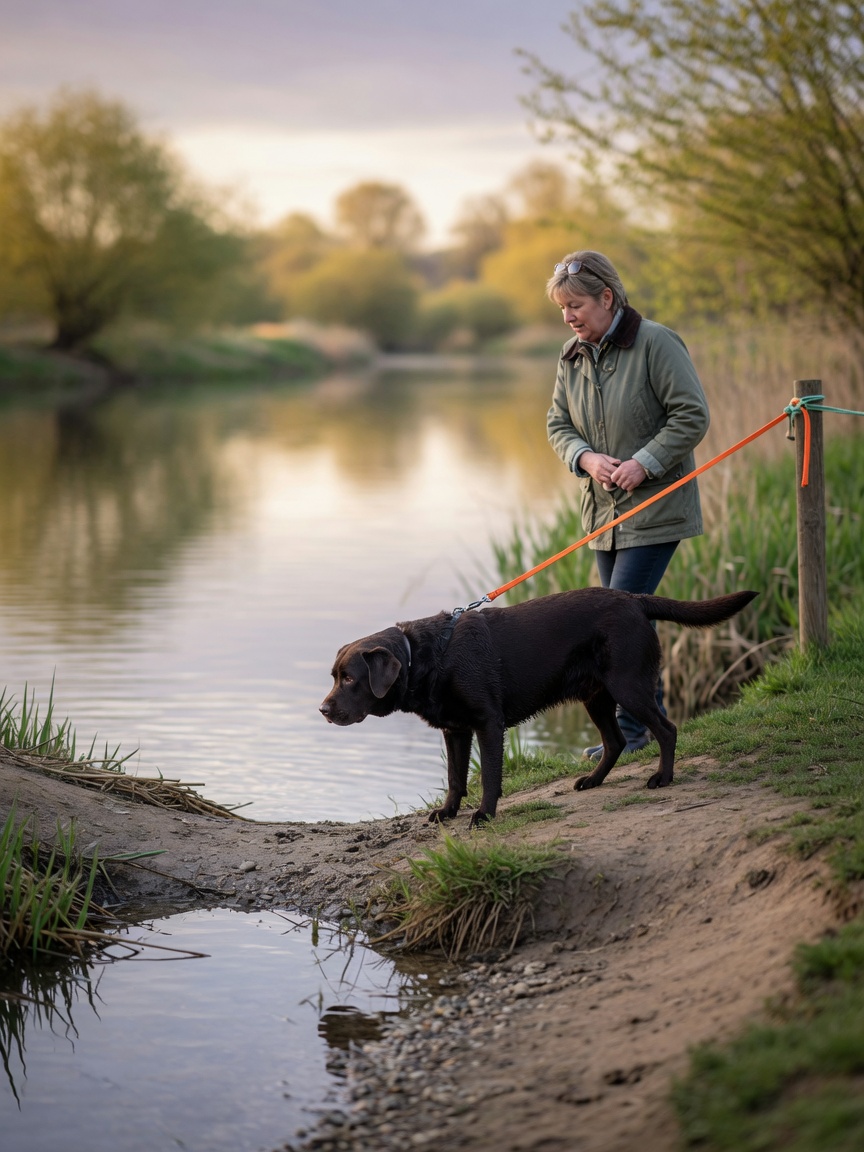 Dark-coated dog on lead at river's edge with owner supervising safe water access at a manageable entry point