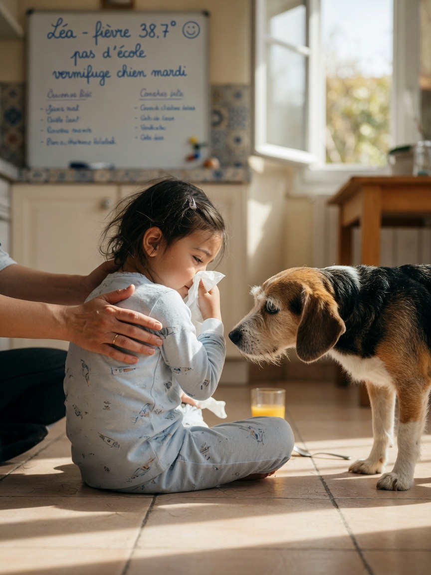 A child sitting on the kitchen floor near a dog, appearing unwell, illustrating zoonotic transmission risk in the home
