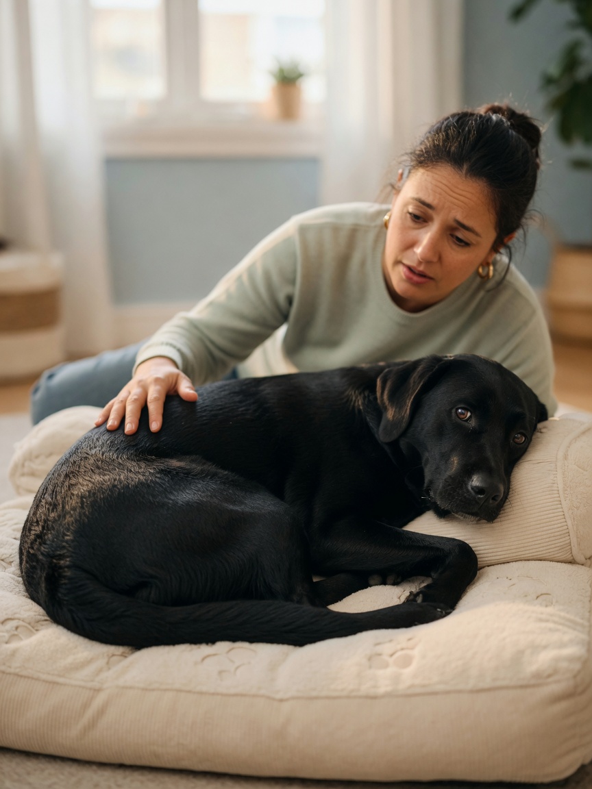 A Black Labrador appears uncomfortable on a bed while an owner provides care and observation