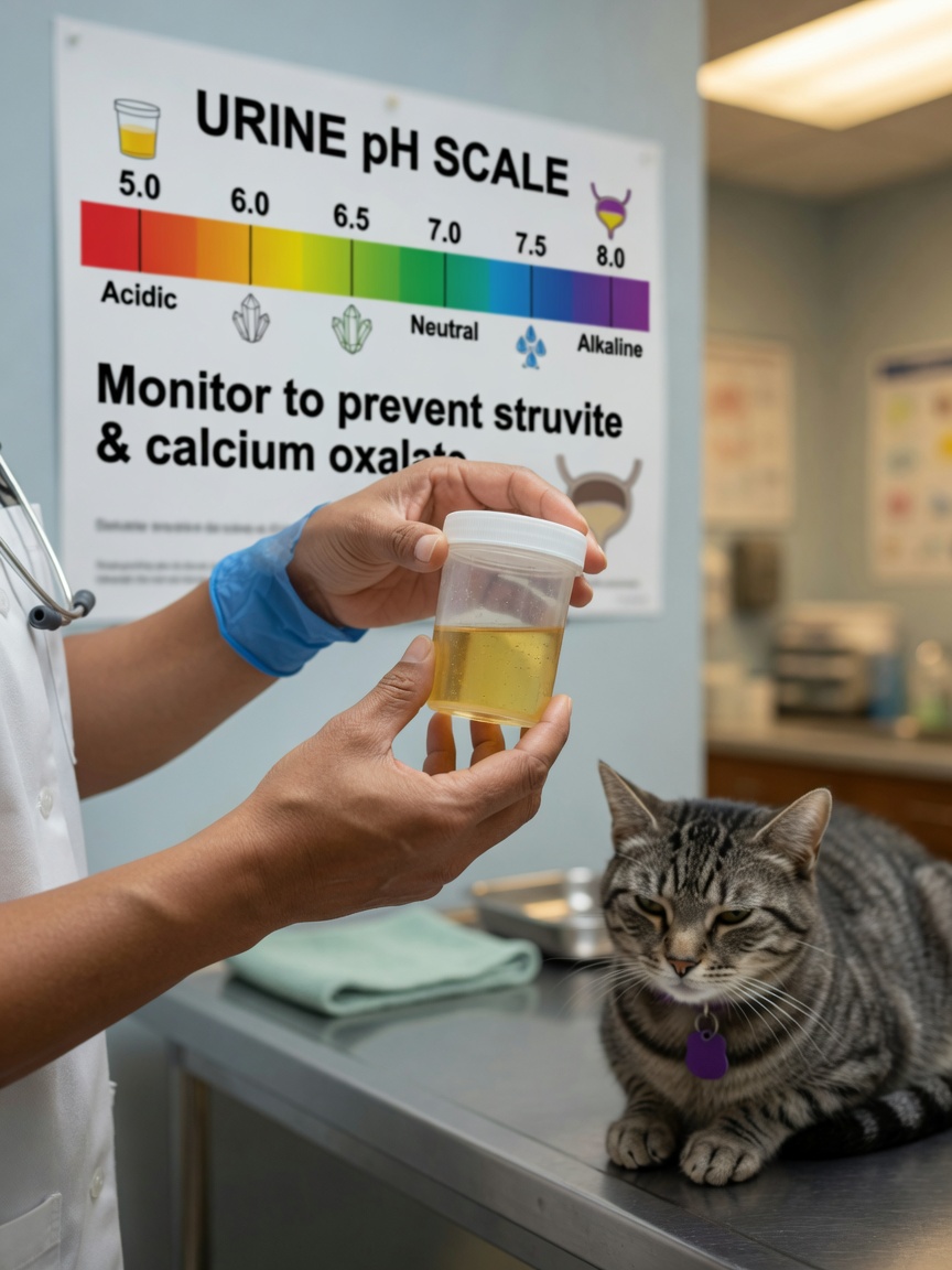 Veterinario examinando una muestra de orina durante un chequeo de salud felino