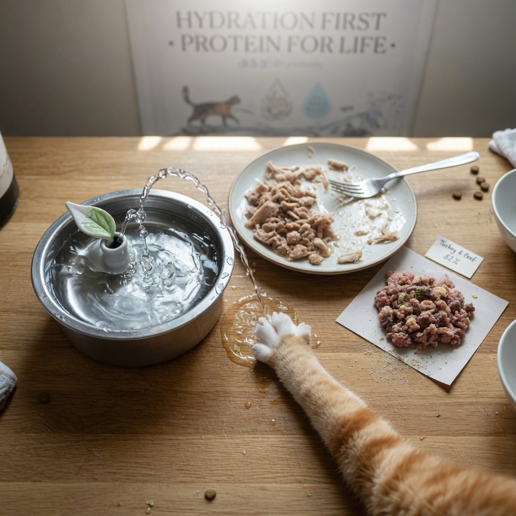 Fuente de agua para gatos y pienso húmedo de calidad demostrando prácticas dietéticas preventivas