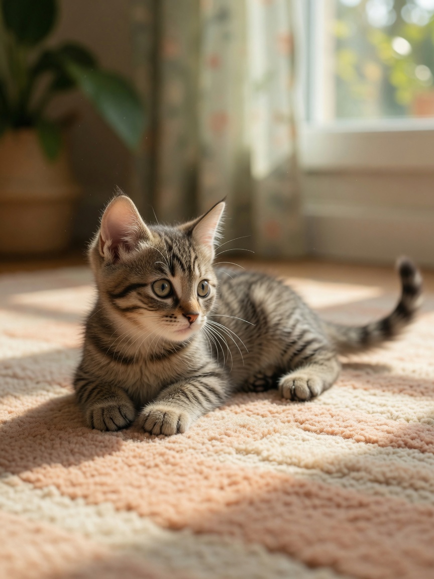 A young kitten with focused eyes and alert ears displaying natural hunting instinct during observation.
