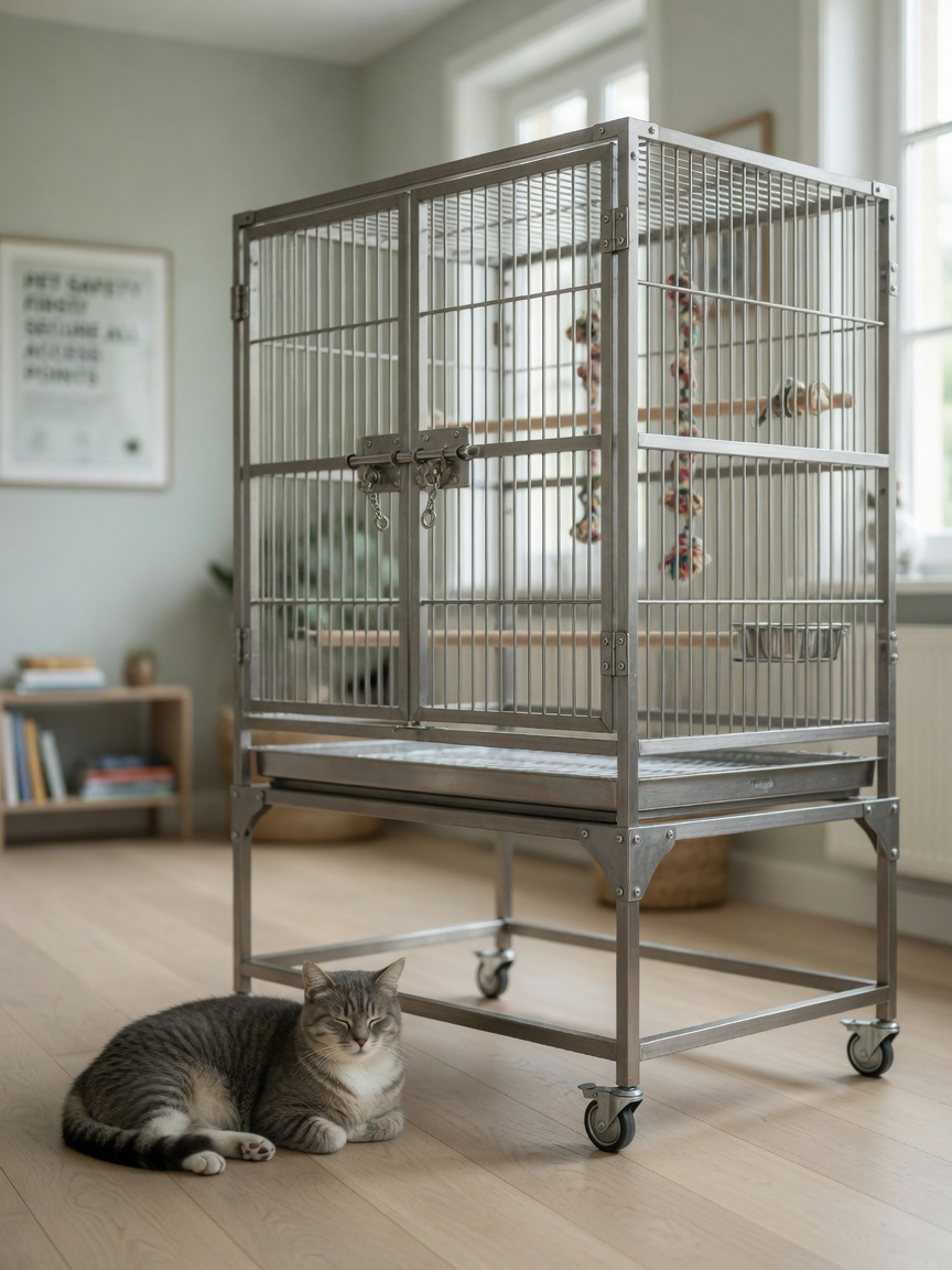 An elevated, secure bird cage with multiple latches and sturdy construction positioned safely away from furniture, with a calm cat observing from a distance.