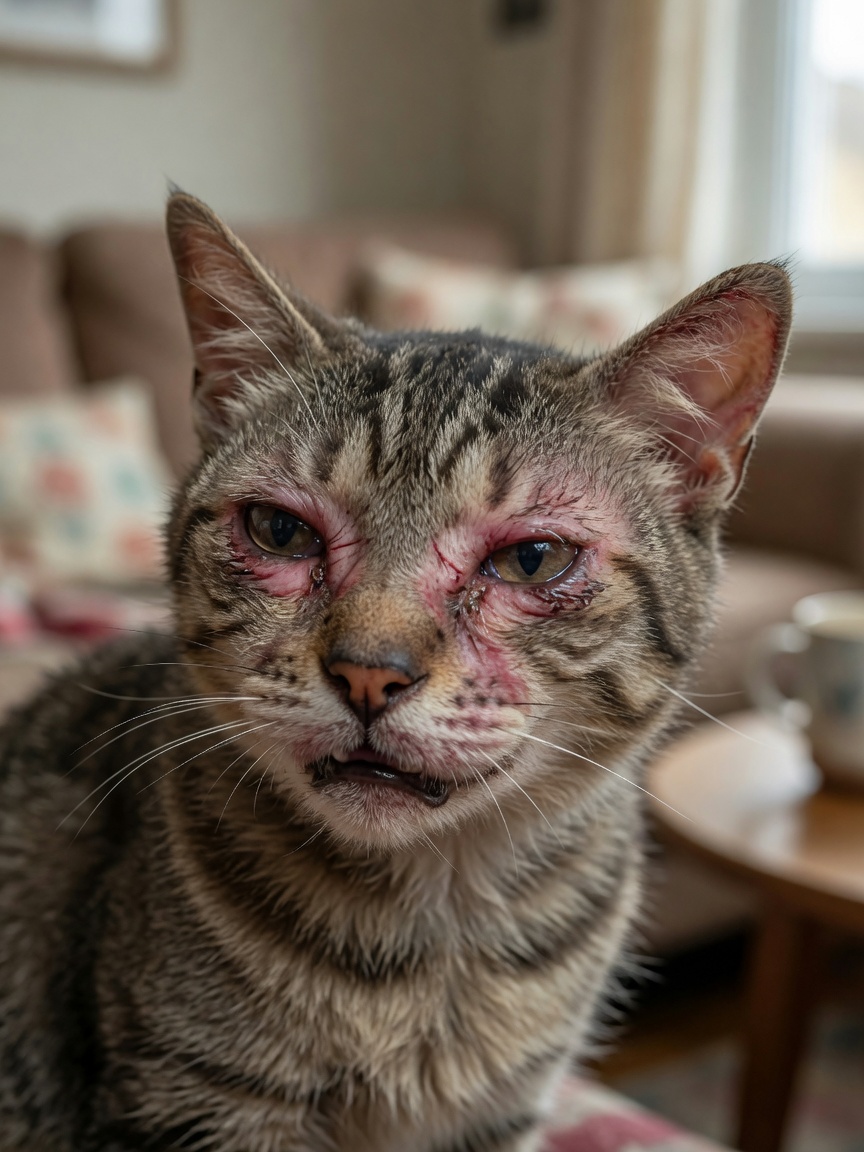 Close-up of a cat's inflamed eyes and irritated skin around the ears showing allergy symptoms