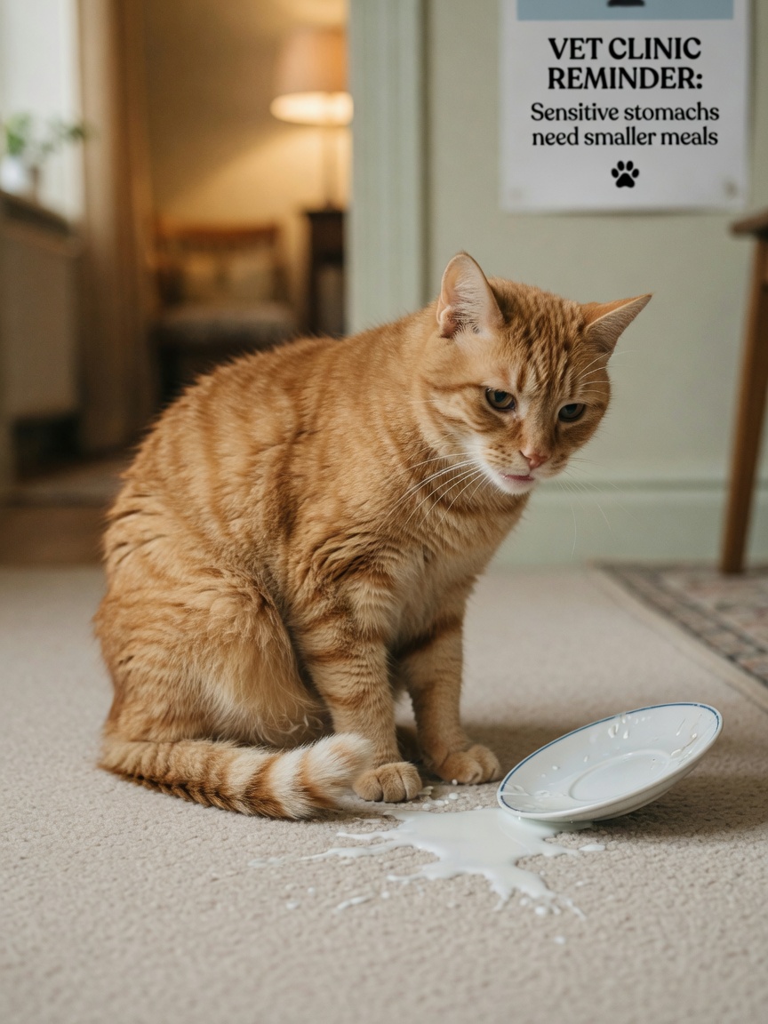 Ginger cat with uncomfortable posture next to spilled milk, showing signs of digestive distress
