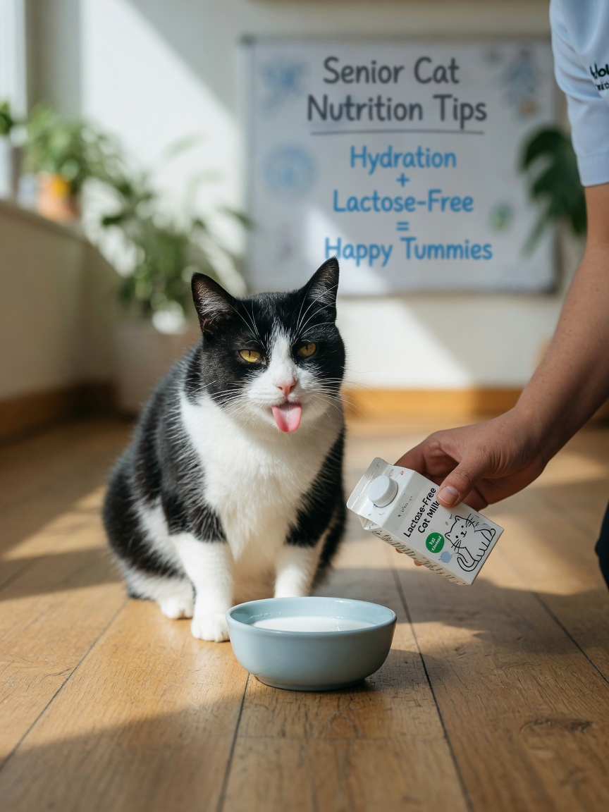 Black and white tuxedo cat contentedly drinking lactose-free cat milk from a bowl with vet's hand nearby