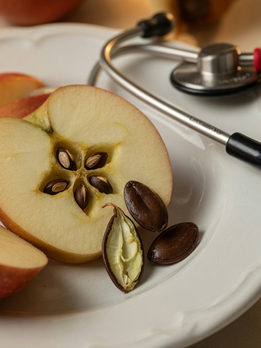 Close-up of apple seeds and bitter core on white plate with veterinary stethoscope