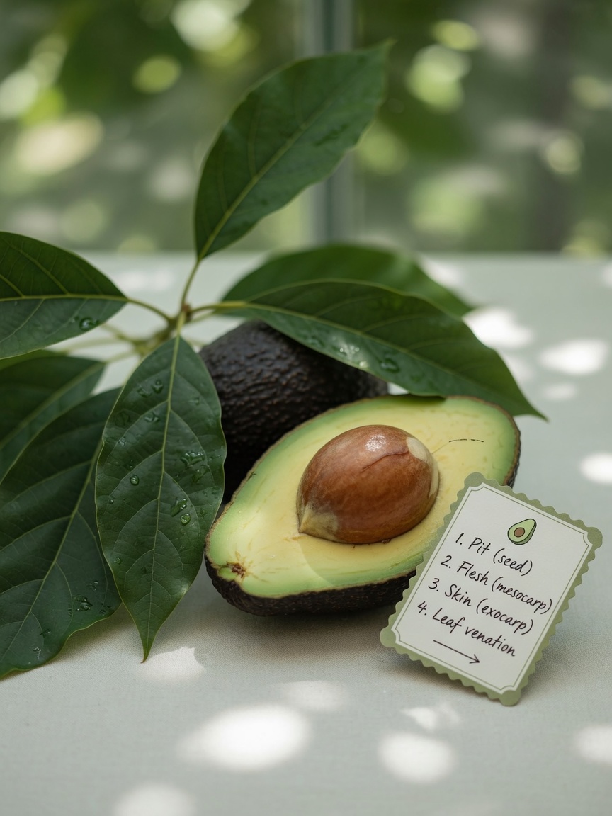 Detailed view of avocado tree leaves and cross-section of whole avocado showing flesh, skin, and pit