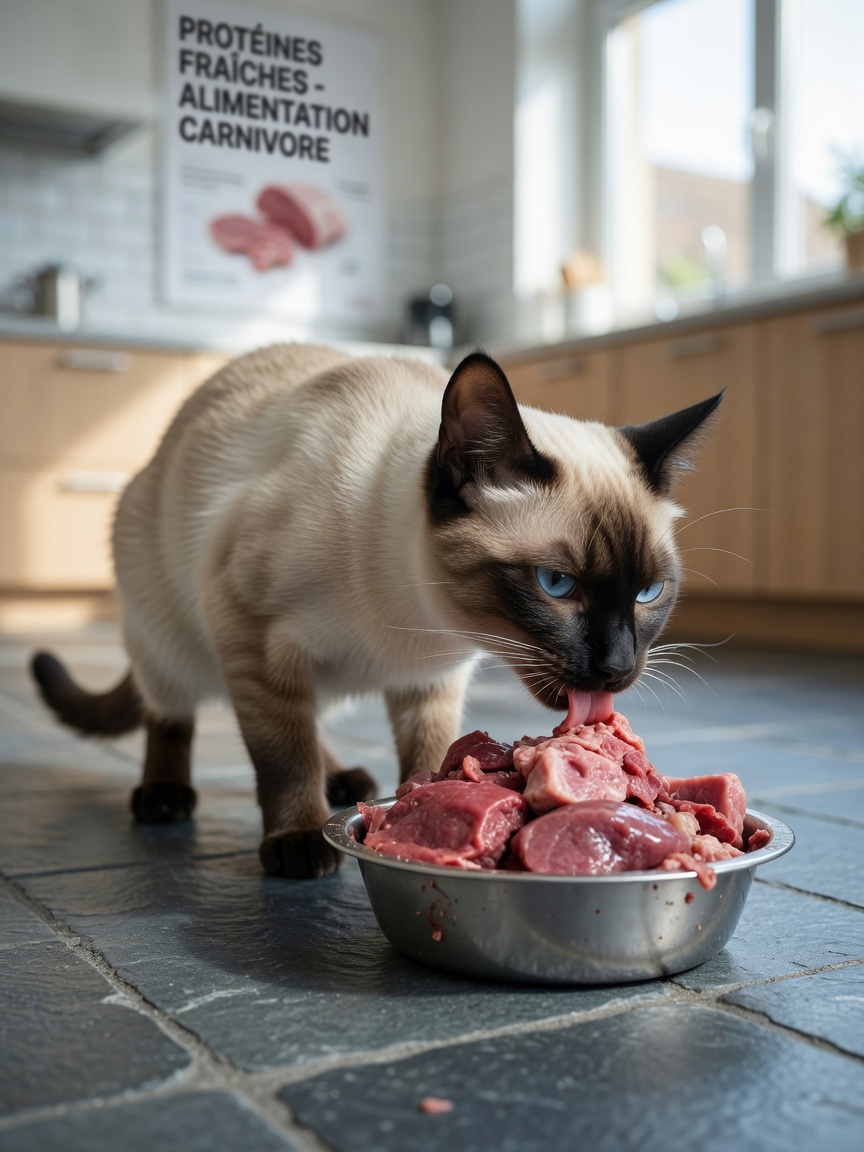 Siamese cat eating raw meat from a bowl