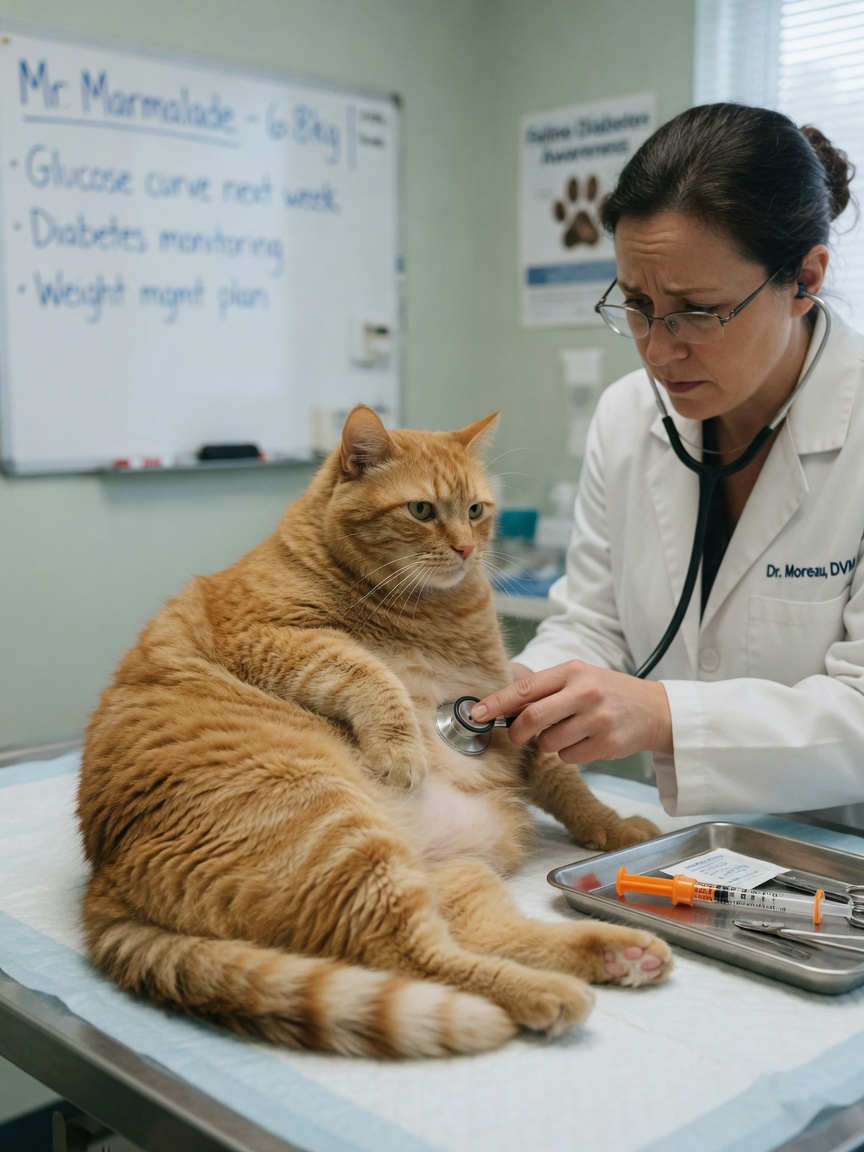Diabetic cat undergoing veterinary examination with insulin syringe visible