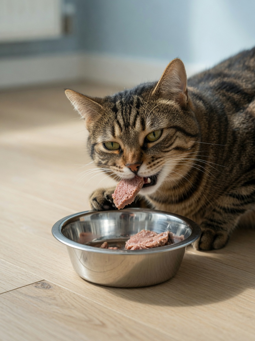 Un gatto che mangia carne di manzo cotta da una ciotola, mostrando una digestione sana