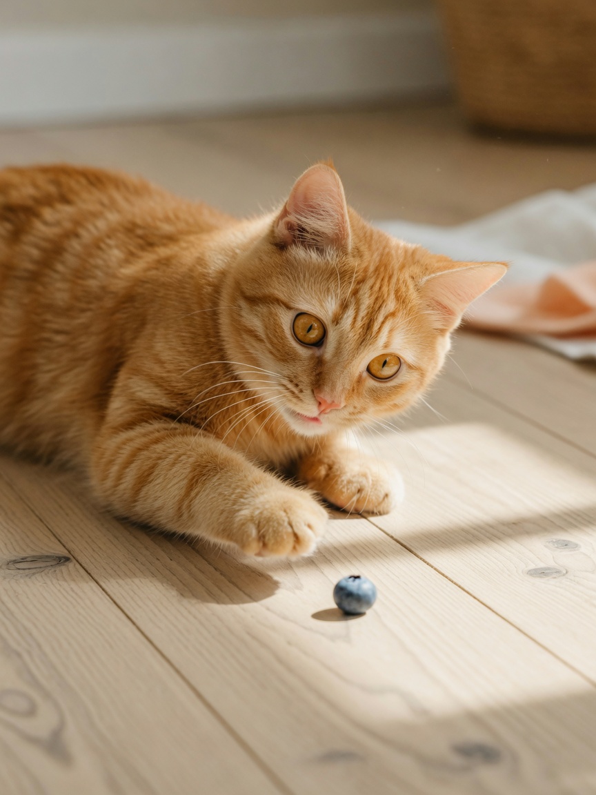 Ginger cat batting a blueberry across the floor as a toy