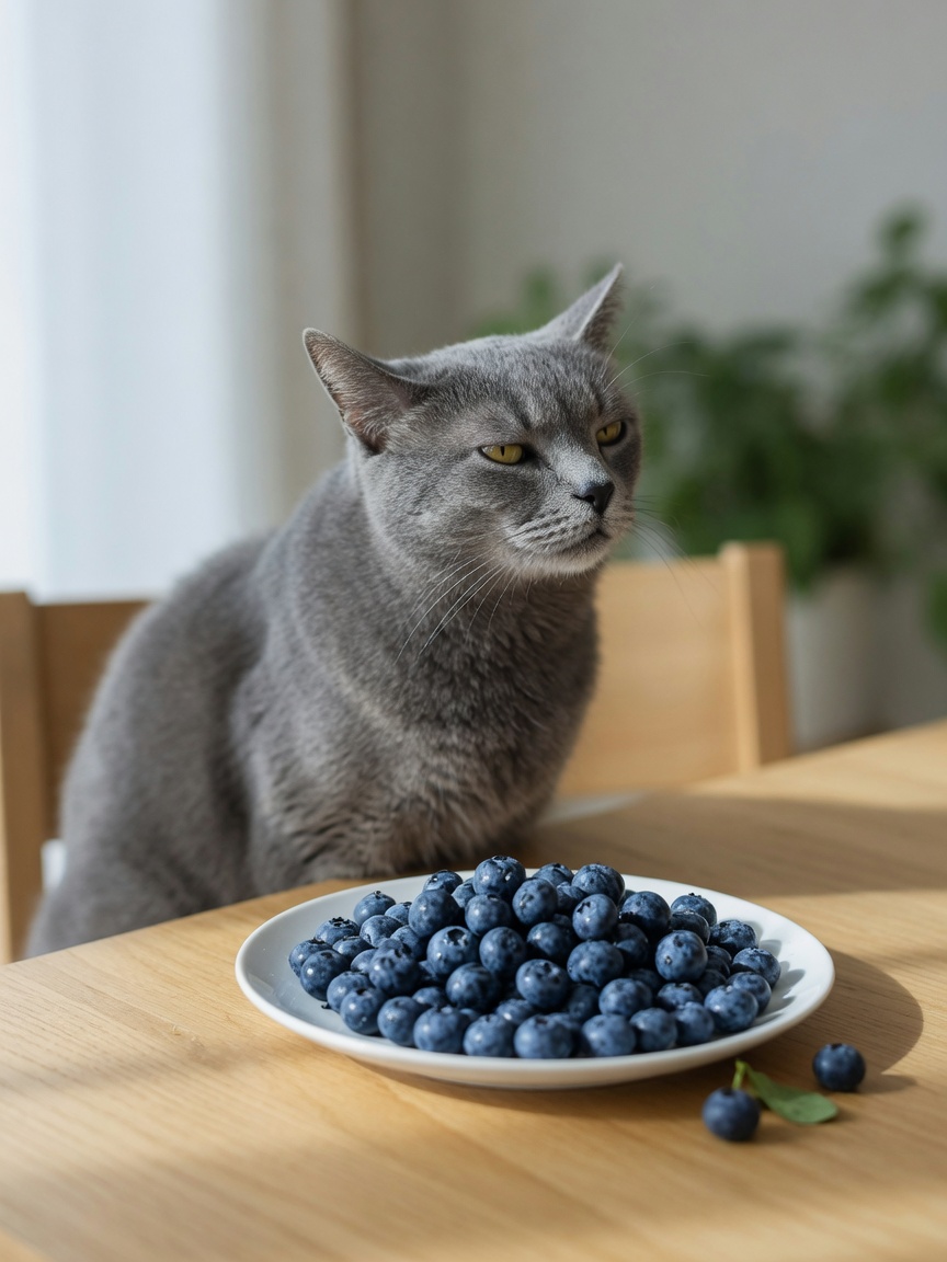 Disinterested gray cat ignoring a plate of blueberries on a table