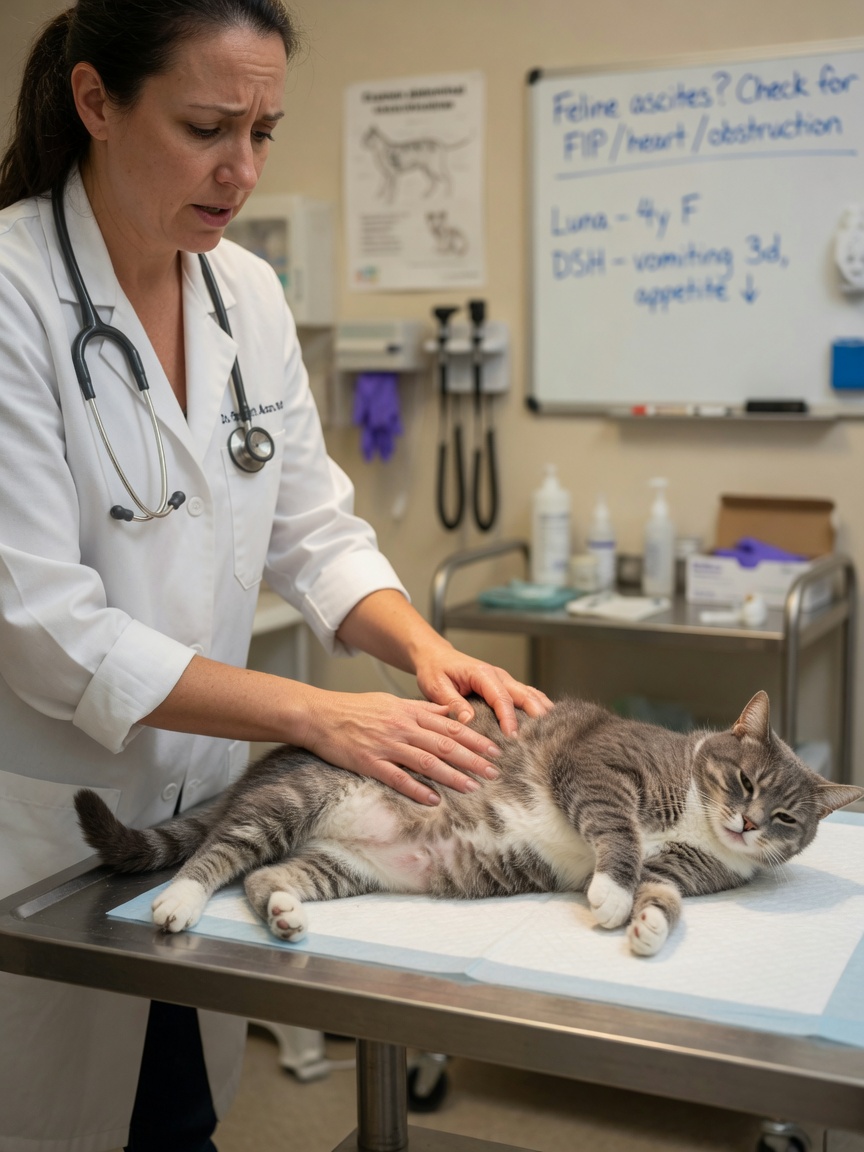 Veterinarian examining a cat with visible gastric bloating on examination table