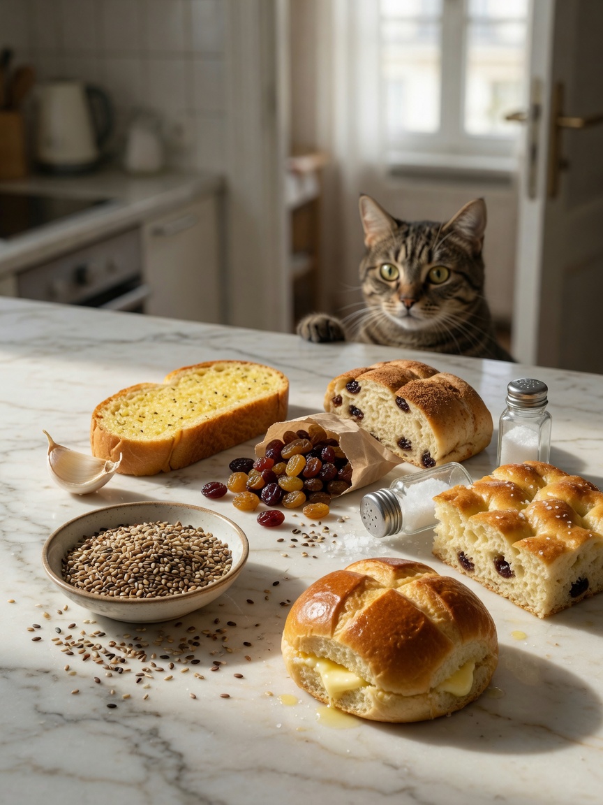 Various toxic bread ingredients arranged on countertop including garlic, raisins, seeds, and salt