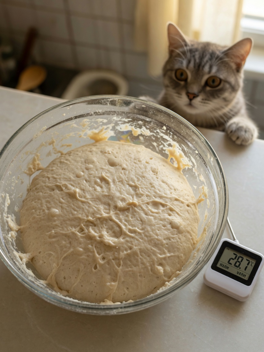 Impasto di pane crudo in una ciotola di vetro che si espande con la fermentazione del lievito, con un gatto curioso sullo sfondo