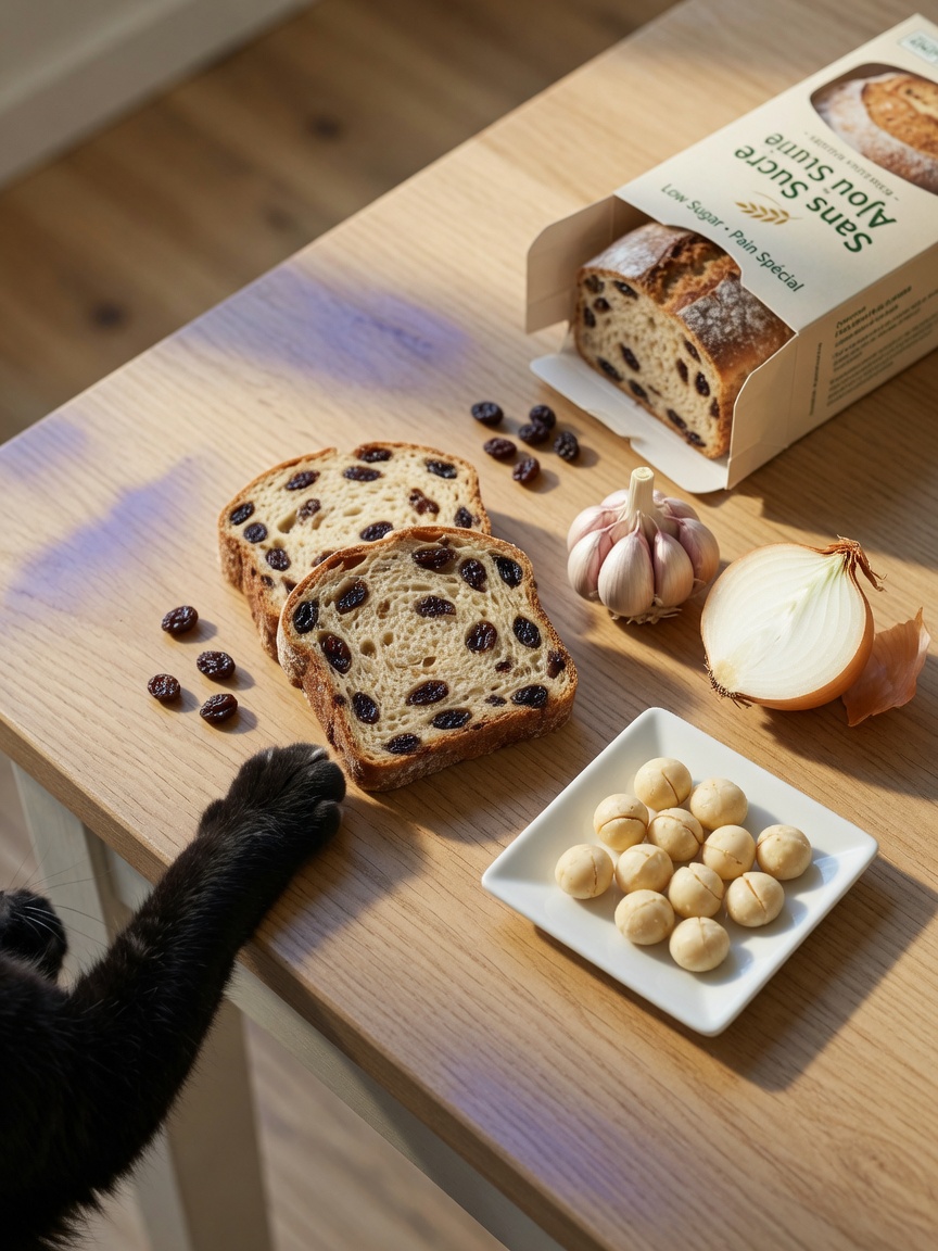 Disposizione flat-lay di ingredienti di pane tossici inclusi uva passa, aglio, cipolla e noci di macadamia con la zampa di un gatto