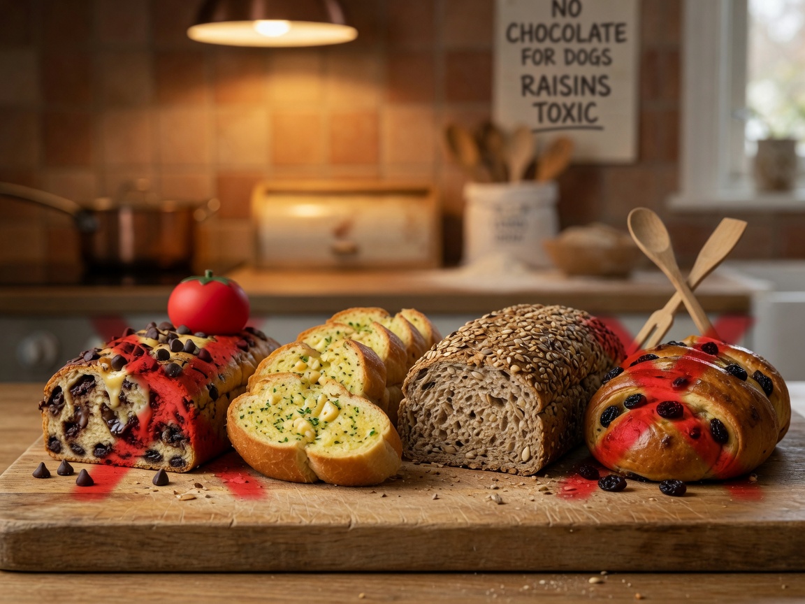 Assorted breads including chocolate, garlic, seeded, and raisin varieties on a cutting board