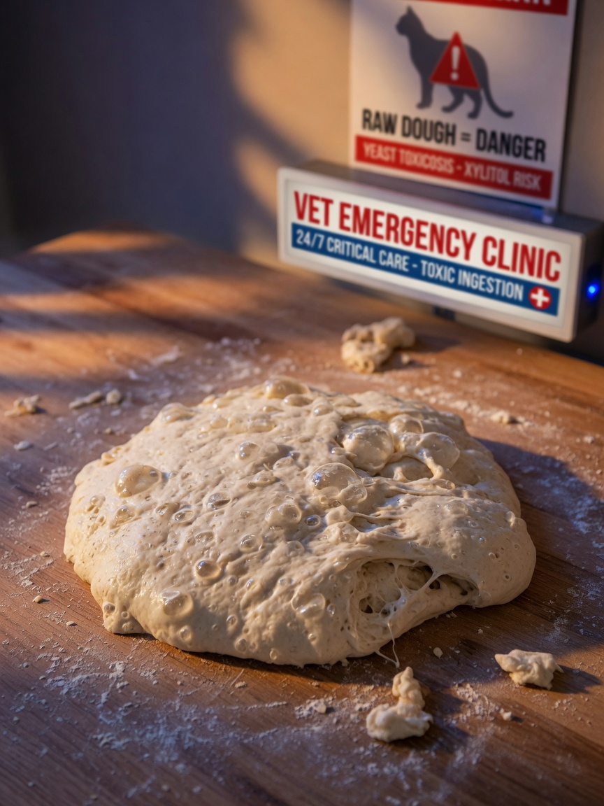 Raw bread dough with visible fermentation bubbles on a wooden surface, representing the danger to cats