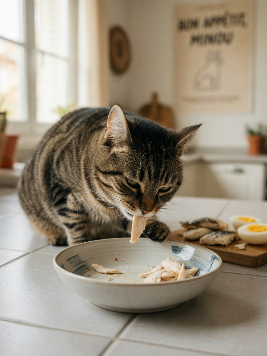Tabby cat eating cooked chicken from a bowl with other safe feline treat options in soft focus nearby