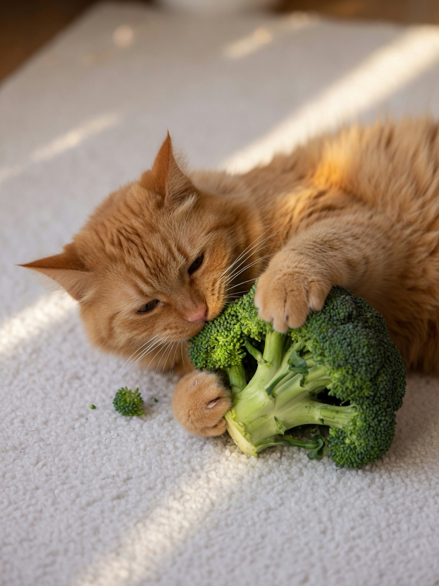 Ginger cat playfully batting and chewing on a broccoli floret with intense focus