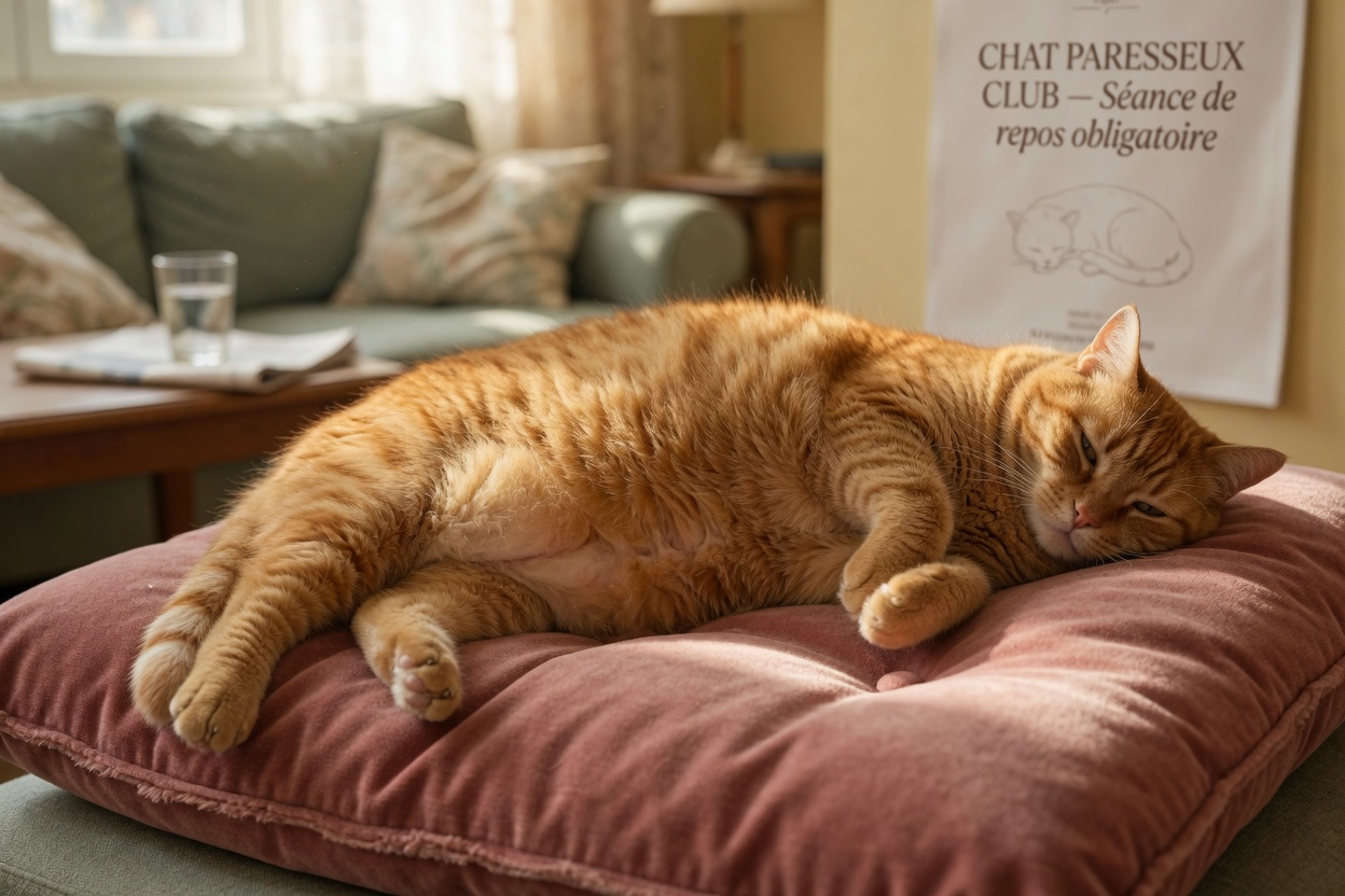 Overweight tabby cat resting on a cushion, showing the effects of obesity