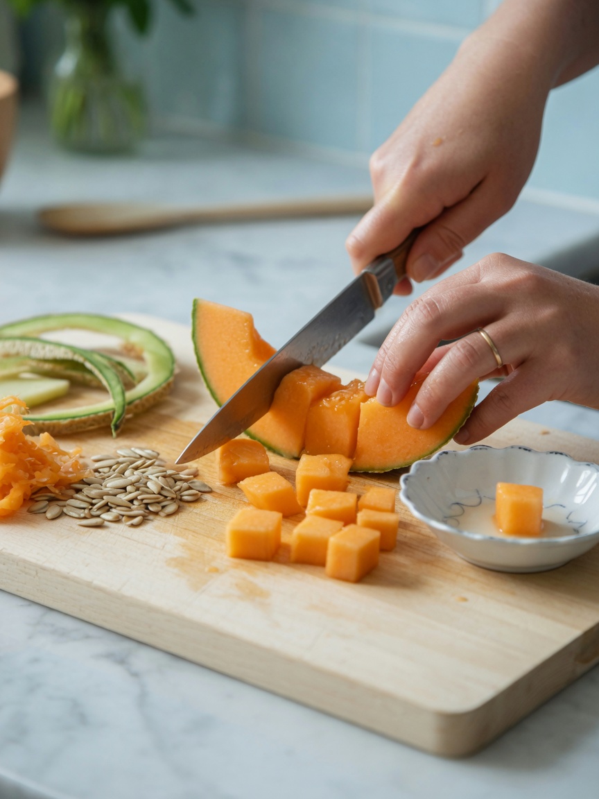 Hands preparing small bite-sized pieces of cantaloupe on a cutting board for a cat