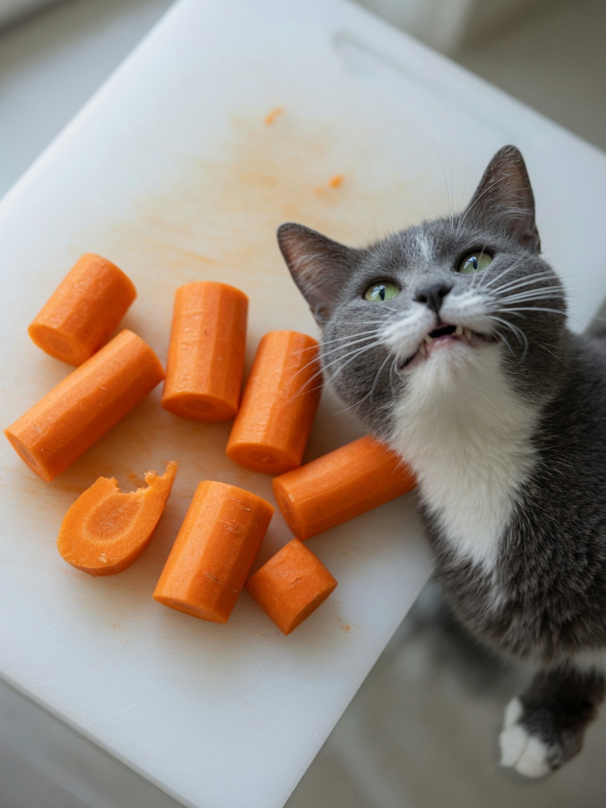 Pezzi di carota cruda accanto alla bocca aperta di un gatto preoccupato, illustrando il pericolo di soffocamento