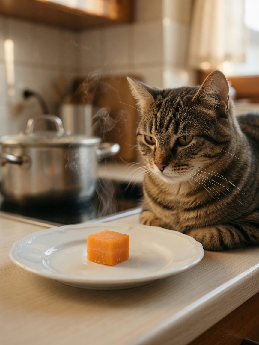 Un minuscolo cubetto di carota cotta morbida su un piattino accanto a un tranquillo gatto tabby