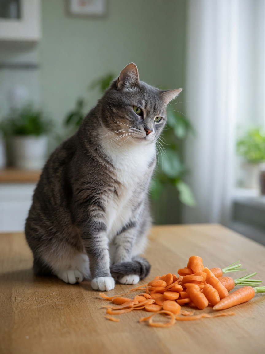 Cat ignoring carrot pieces on a table with disinterest