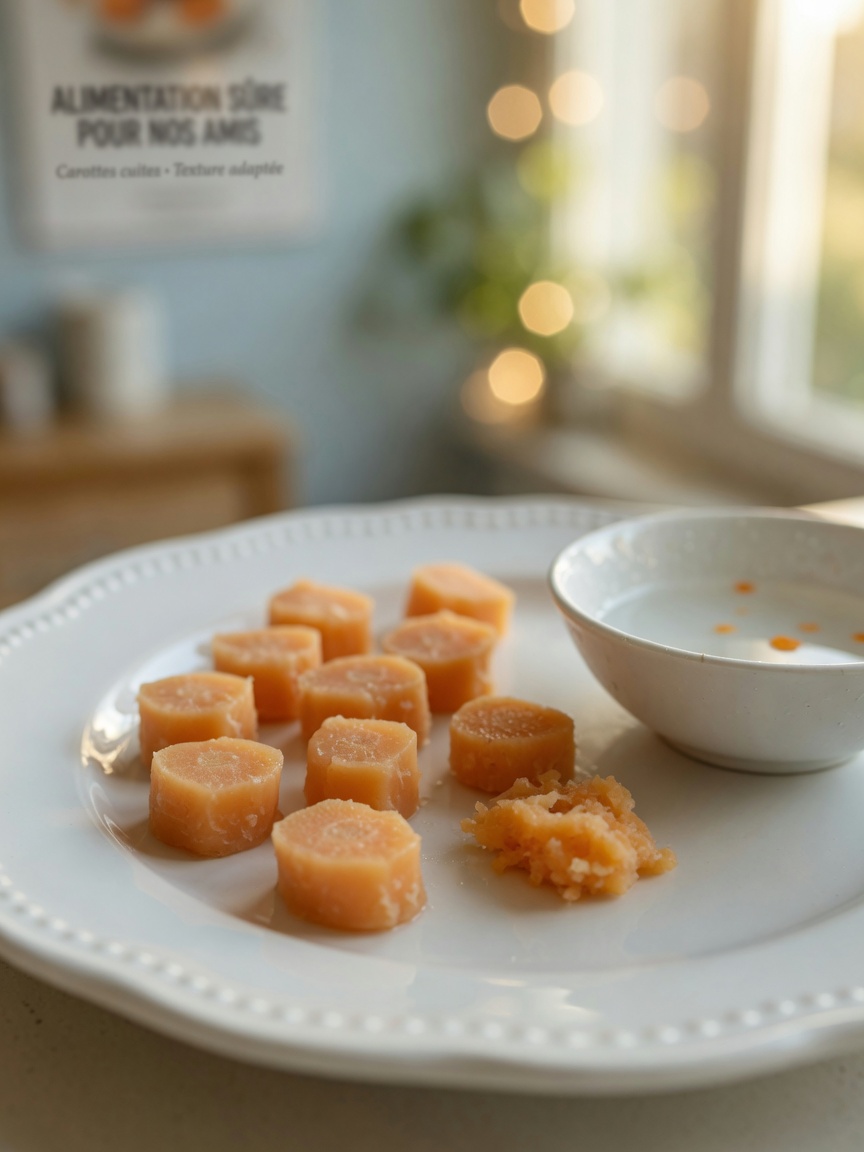 Soft cooked carrot pieces cut into small safe portions on a white plate