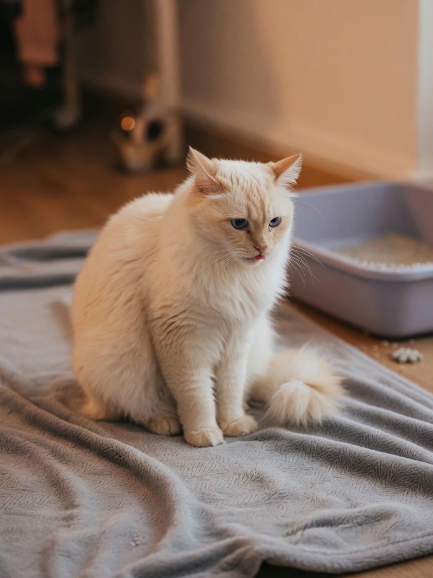 Gatto color crema scomodo che mostra segni di angoscia digestiva