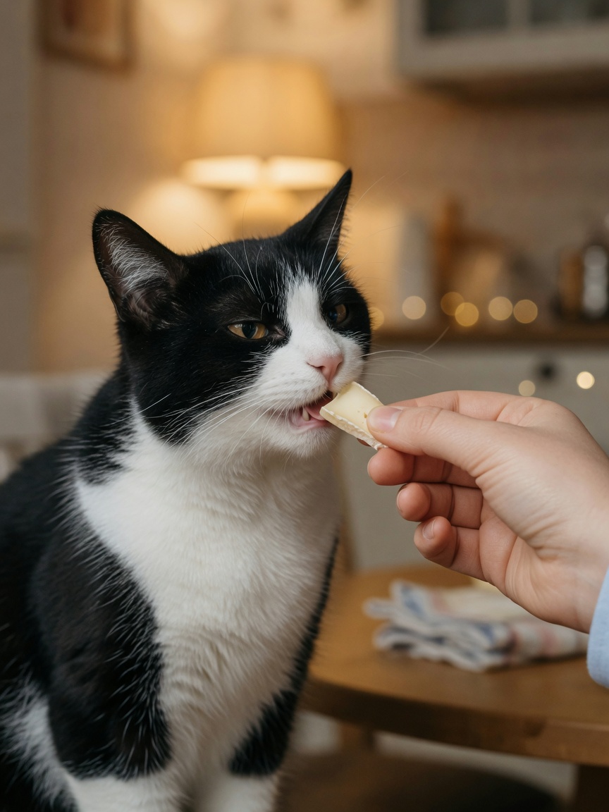 Gatto tigrato e bianco che accetta un piccolo pezzo di formaggio morbido da una mano umana come nascondimento per pillola