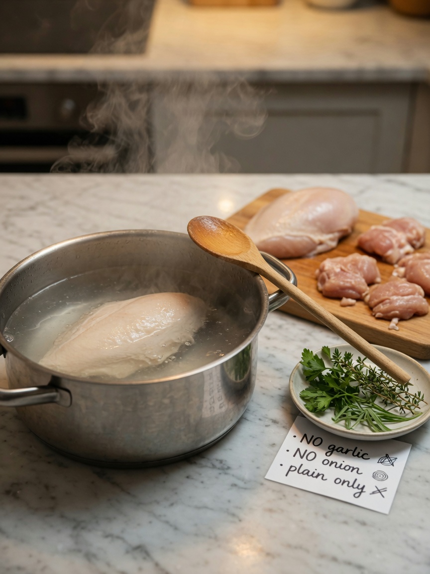 Plain cooked chicken being poached in water with proper preparation setup showing boneless, skinless meat on a cutting board.
