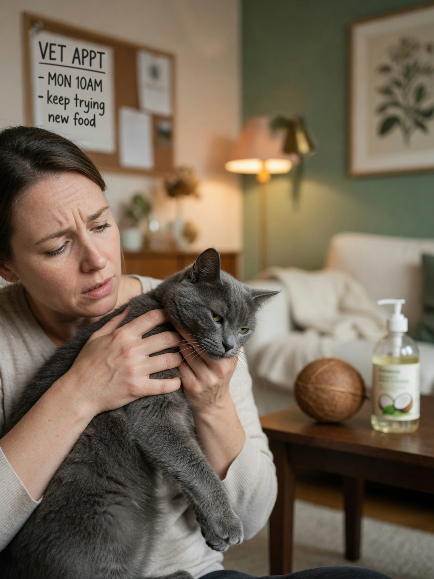 Pet owner holding a concerned cat with coconut and coconut oil visible on table behind
