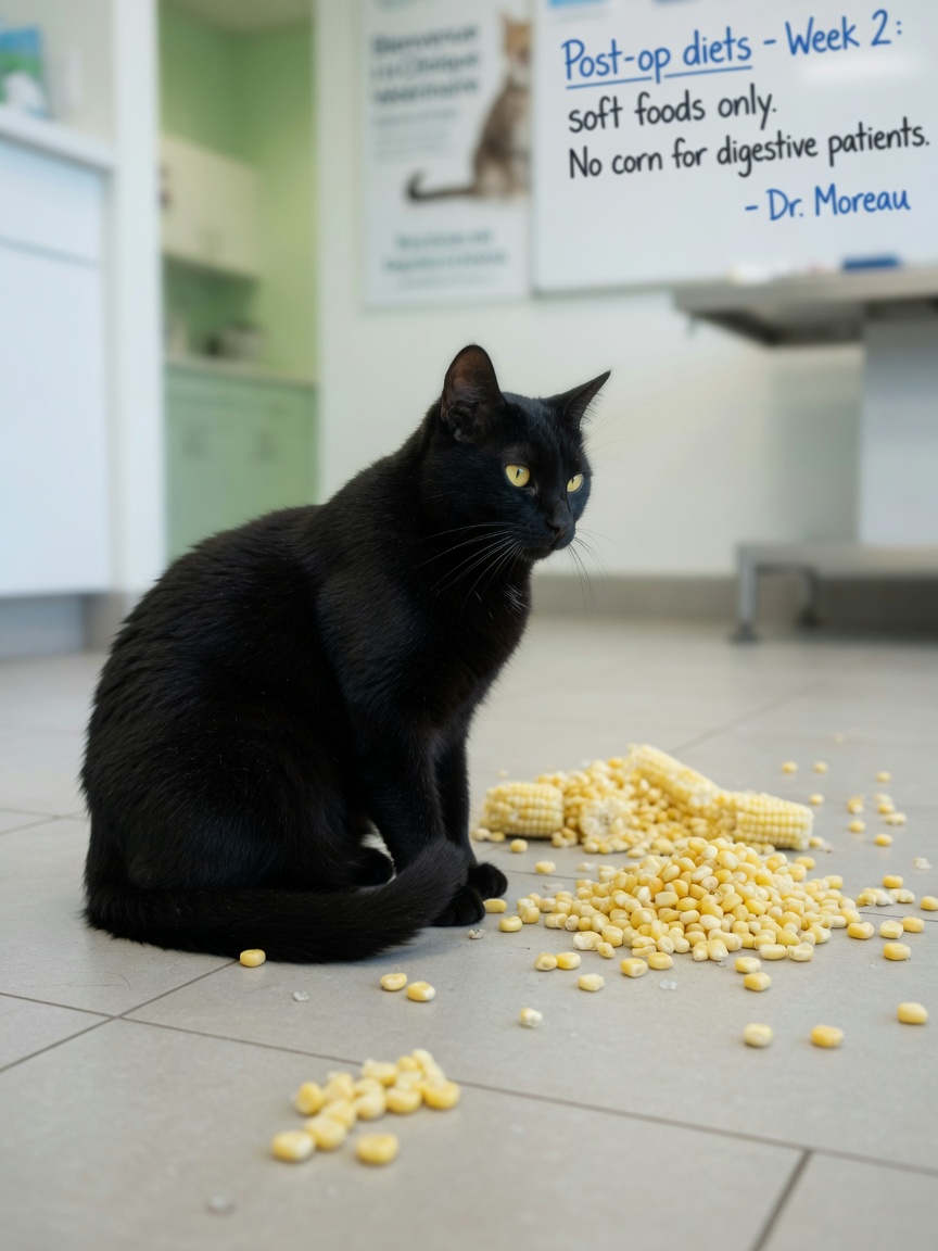 A black cat with yellow eyes sitting near corn kernels on a clinic floor, appearing indifferent to the food