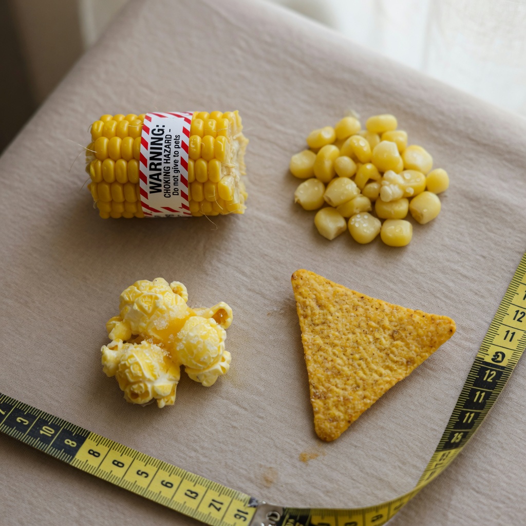 Four different forms of corn arranged for comparison: corn on the cob, boiled kernels, popcorn, and a corn chip
