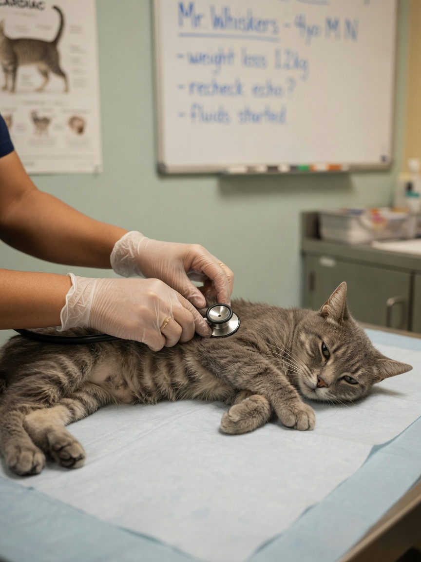 Weak cat receiving cardiac examination from veterinarian with stethoscope