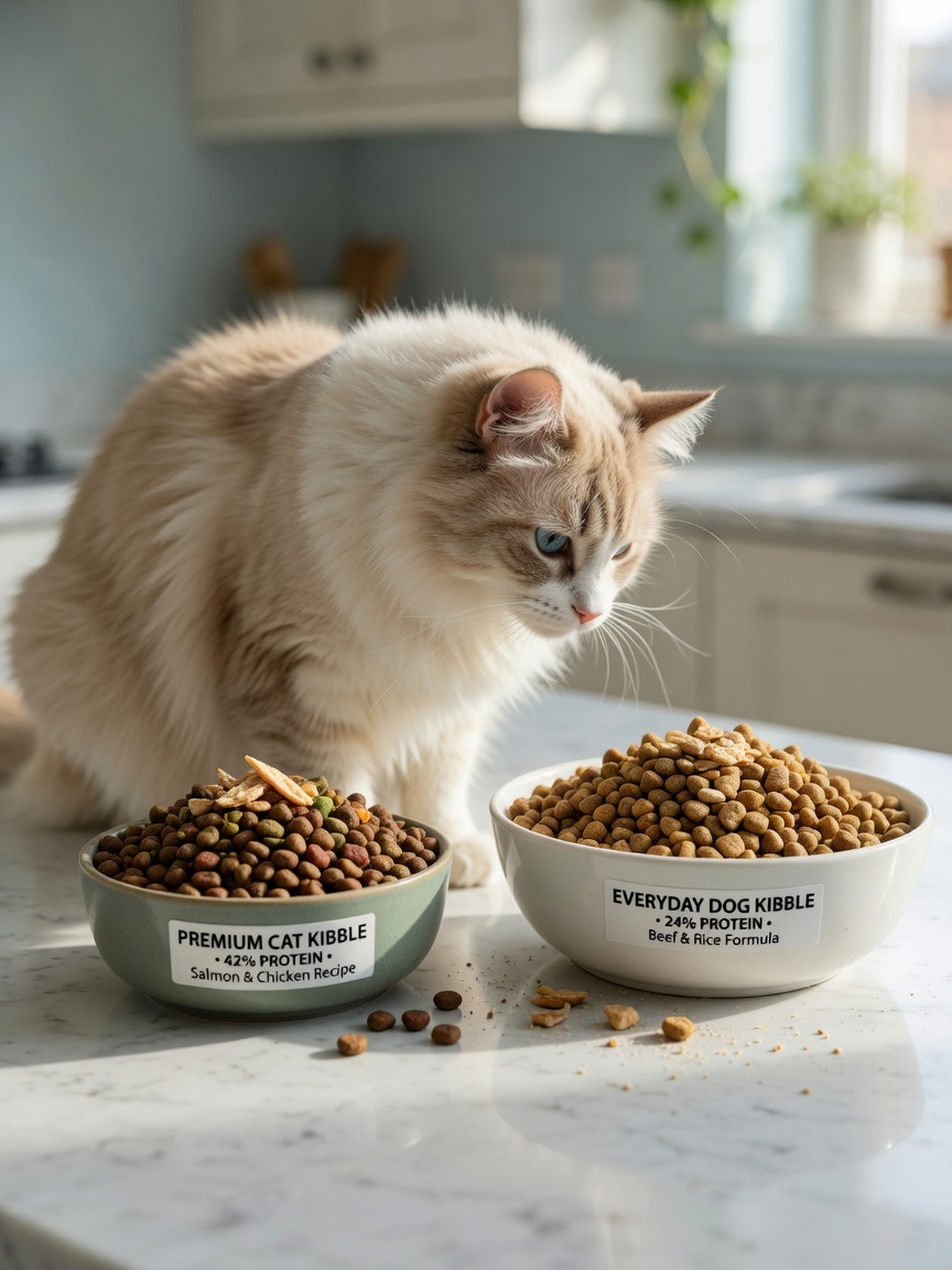 Two food bowls comparison with cat standing between premium cat kibble and standard dog kibble