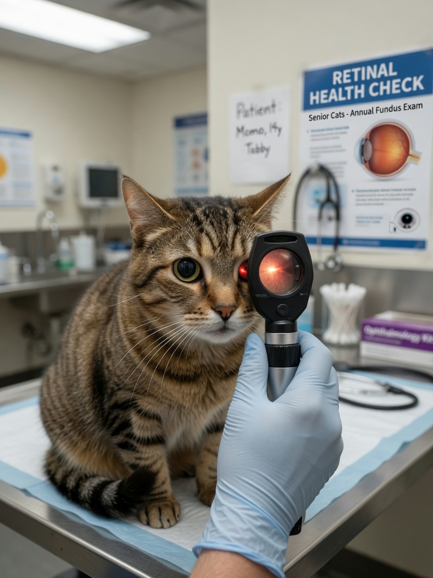 A veterinarian using an ophthalmoscope to examine a cat's eye for retinal damage during a clinical examination