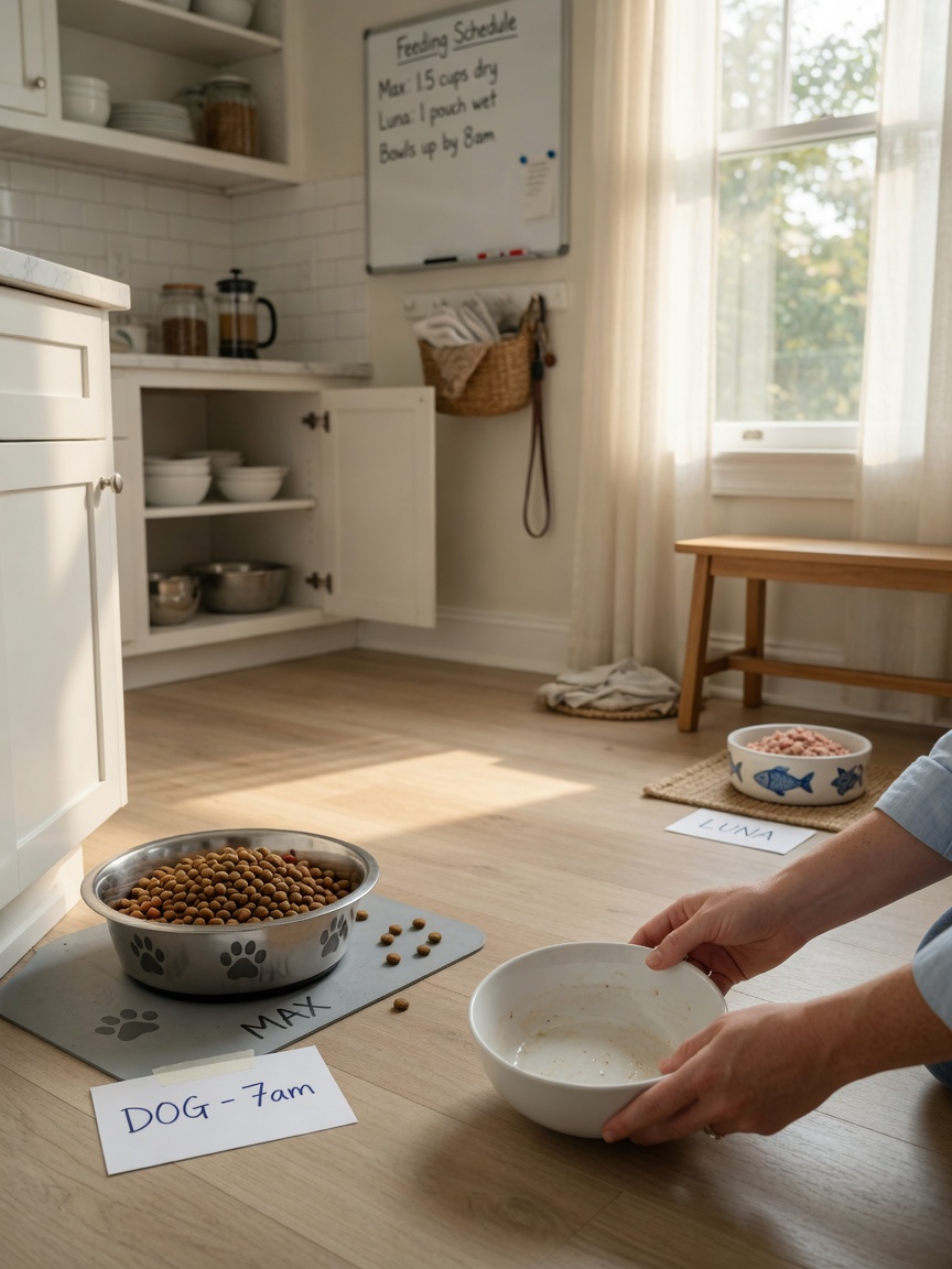 Two separate pet feeding bowls positioned in different areas of a kitchen, demonstrating proper feeding station separation for multi-pet households