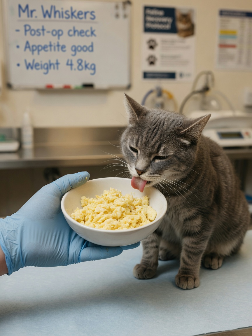 Veterinarian offering plain scrambled eggs to a gray tabby cat during an examination