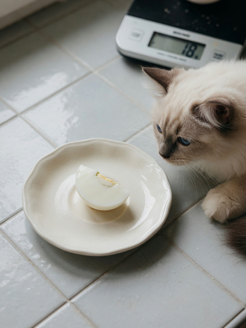 A quarter portion of boiled egg white on a plate with a cream-colored Ragdoll cat observing the appropriate treat size