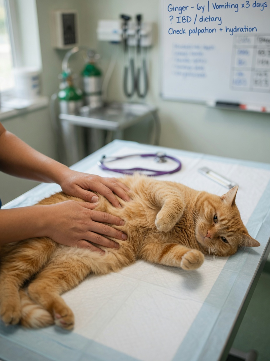 Veterinarian examining ginger cat's abdomen on examination table during health check