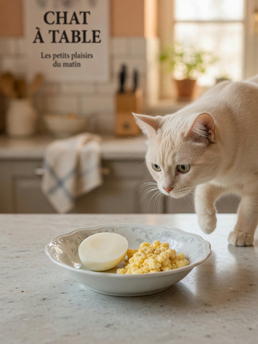 Cream-colored cat approaching small bowl with plain cooked egg pieces on kitchen counter in natural light