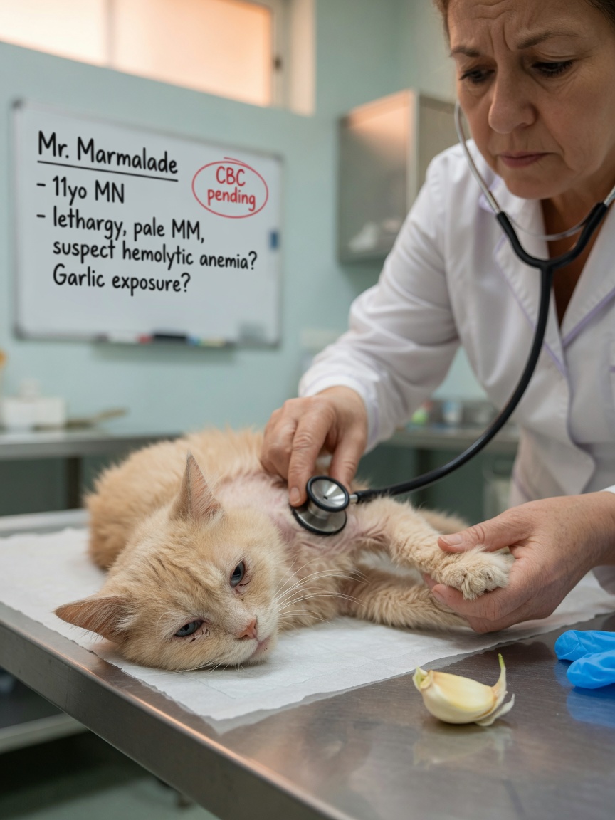 Veterinarian examining a lethargic ginger cat with garlic clove visible on examination table