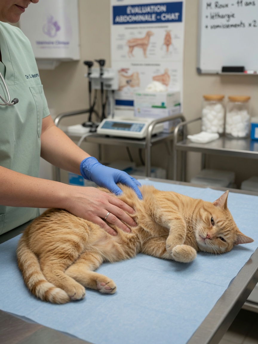 Veterinarian examining lethargic orange tabby cat on examination table, checking abdomen for toxicity symptoms